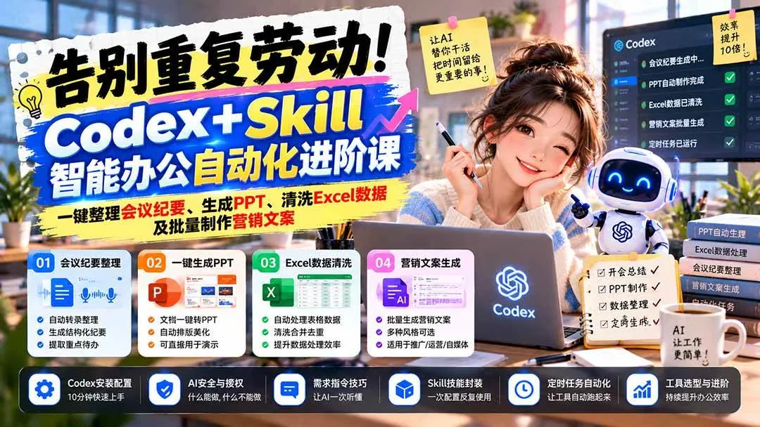 （21001期）告别重复劳动！Codex+Skill智能办公自动化进阶课：一键整理会议纪要、生成PPT、清洗Excel数据及批量制作营销文案-33资源网