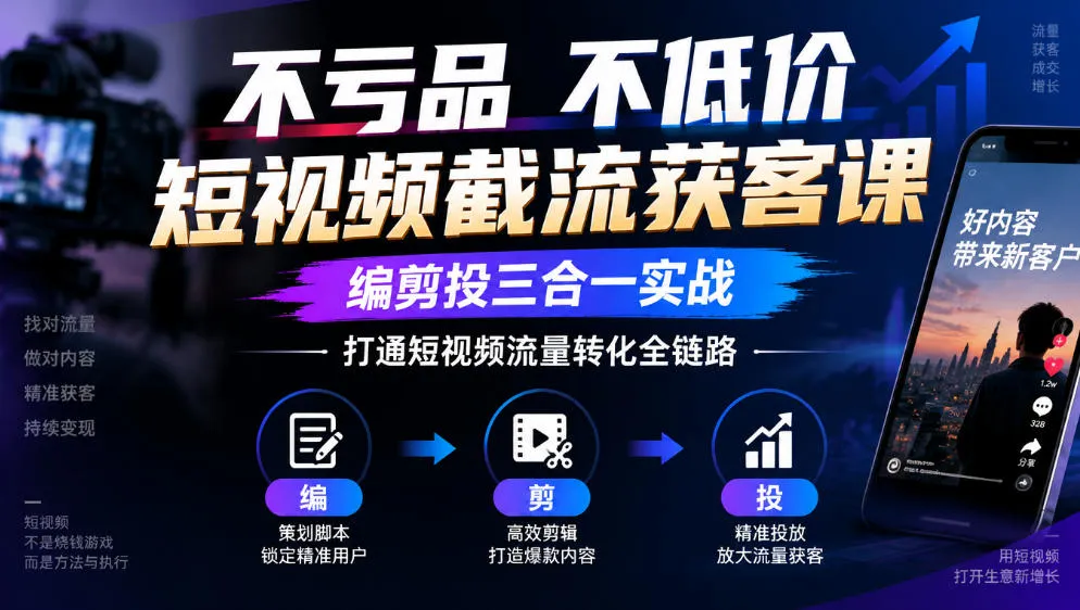 不亏品不低价短视频截流获客课,编剪投三合一实战,打通短视频流量转化全链路-33资源网