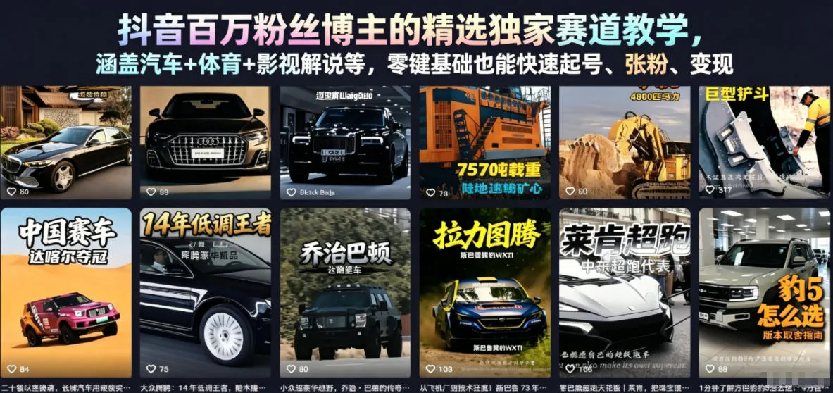 抖音百万粉丝博主的精选独家赛道教学，涵盖汽车+体育+影视解说等，零基础也能快速起号、涨粉、变现-33资源网