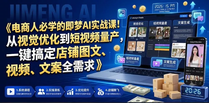 电商人必学的即梦AI实战课!从视觉优化到短视频量产,一键搞定店铺图文、视频、文案全需求-33资源网