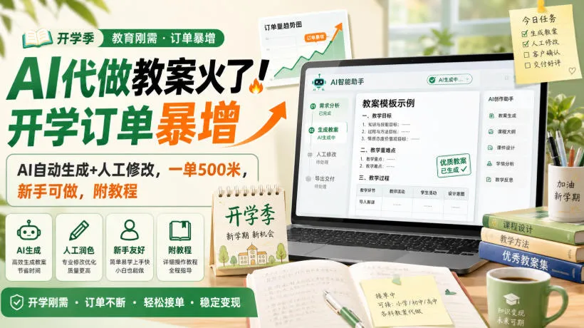 AI代做教案火了!开学订单暴增,AI自动生成+人工修改,一单500米,新手可做,附教程【揭秘】 AI代做教案火了!开学订单暴增,AI自动生成+人工修改,一单500米,新手可做,附教程【揭秘】