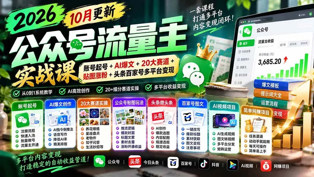 (20878期)2026公众号流量主实战课-10月更新:账号起号+AI爆文+20大赛道+贴图涨粉+头条百家号多平台变现-33资源网