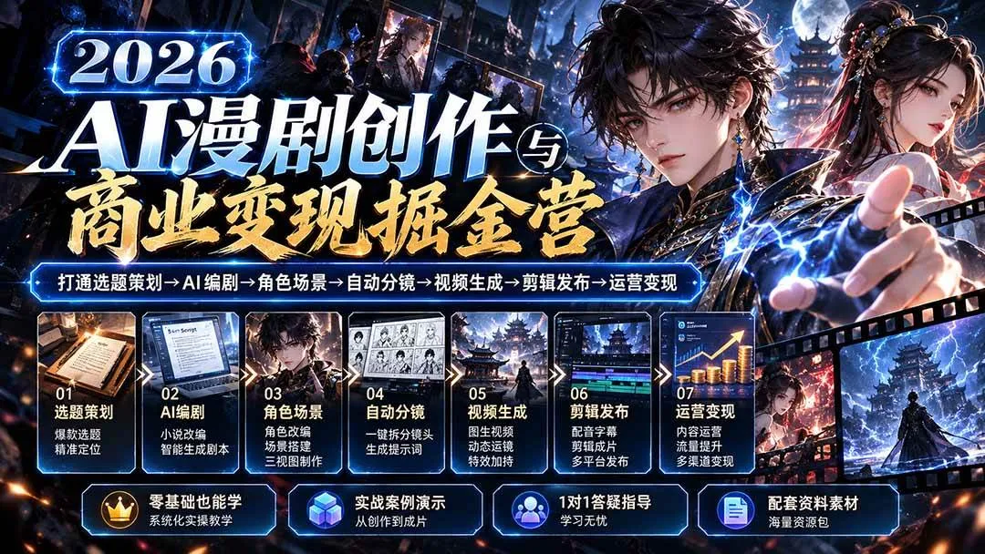 (20906期)【无水印】2026AI漫剧创作与商业变现掘金营:打通选题→AI编剧→角色场景→自动分镜→视频生成→剪辑发布→运营变现 (20906期)【无水印】2026AI漫剧创作与商业变现掘金营:打通选题→AI编剧→角色场景→自动分镜→视频生成→剪辑发布→运营变现