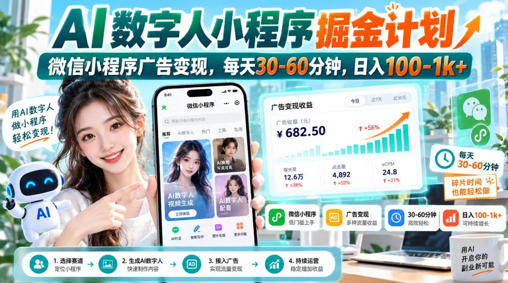 【无水印】AI数字人小程序掘金计划，微信小程序广告变现，每天30‑60分钟，日入100‑1k+-33资源网