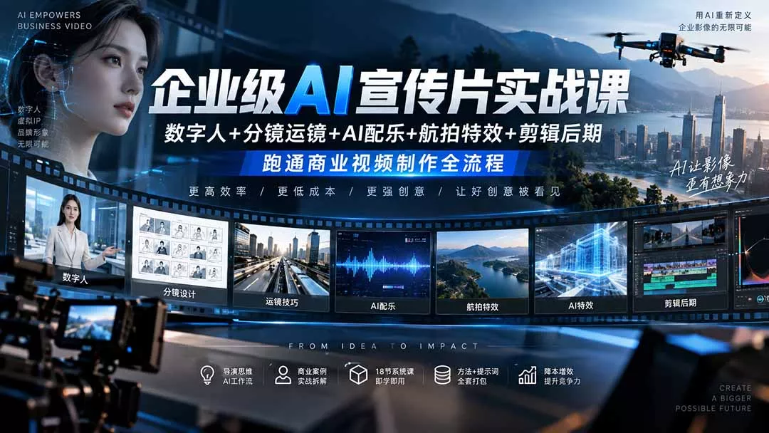 企业级AI宣传片实战课|数字人+分镜运镜+AI配乐+航拍特效+剪辑后期,跑通商业视频制作全流程-33资源网