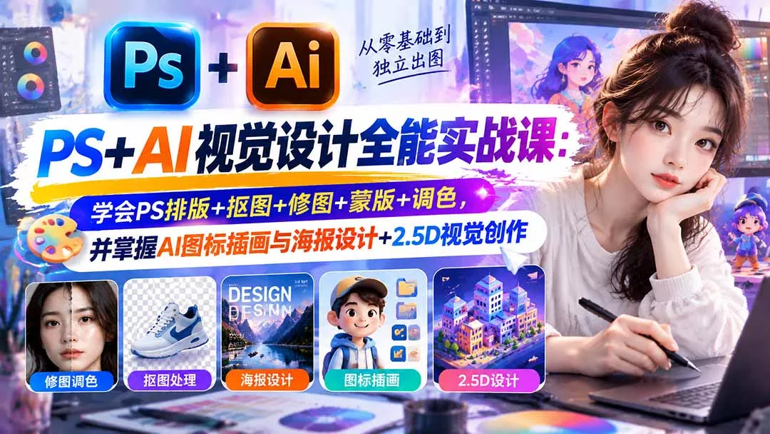 【无水印】PS+AI视觉设计全能实战课:学会PS排版+抠图+修图+蒙版+调色,并掌握AI图标插画与海报设计+2.5D视觉创作-33资源网