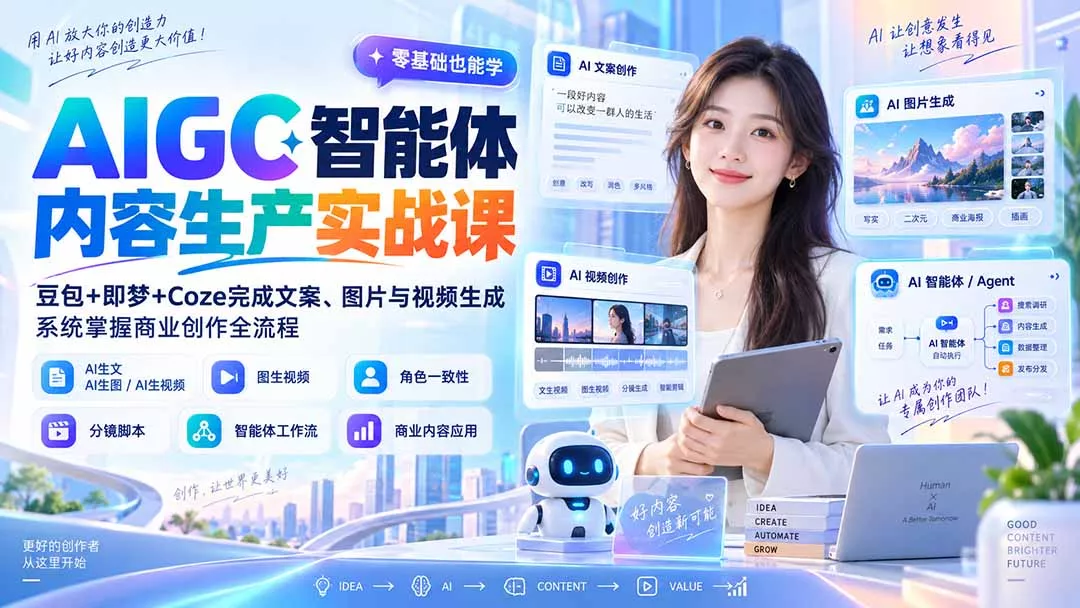 AIGC智能体内容生产实战课：豆包+即梦+Coze完成文案、图片与视频生成，系统掌握商业创作全流程-33资源网