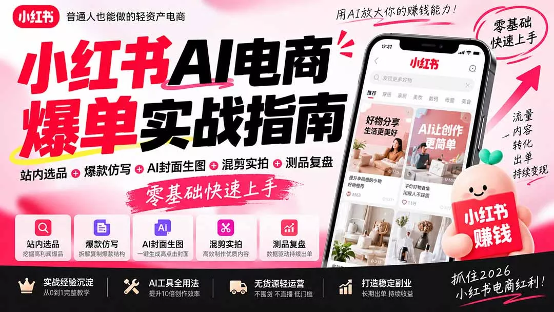 2026小红书AI电商爆单实战指南：站内选品+爆款仿写+AI封面生图+混剪实拍+测品复盘，零基础快速上手-33资源网