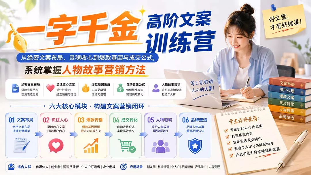 一字千金高阶文案训练营：从绝密文案布局、灵魂收心到爆款基因与成交公式，系统掌握人物故事营销方法-33资源网
