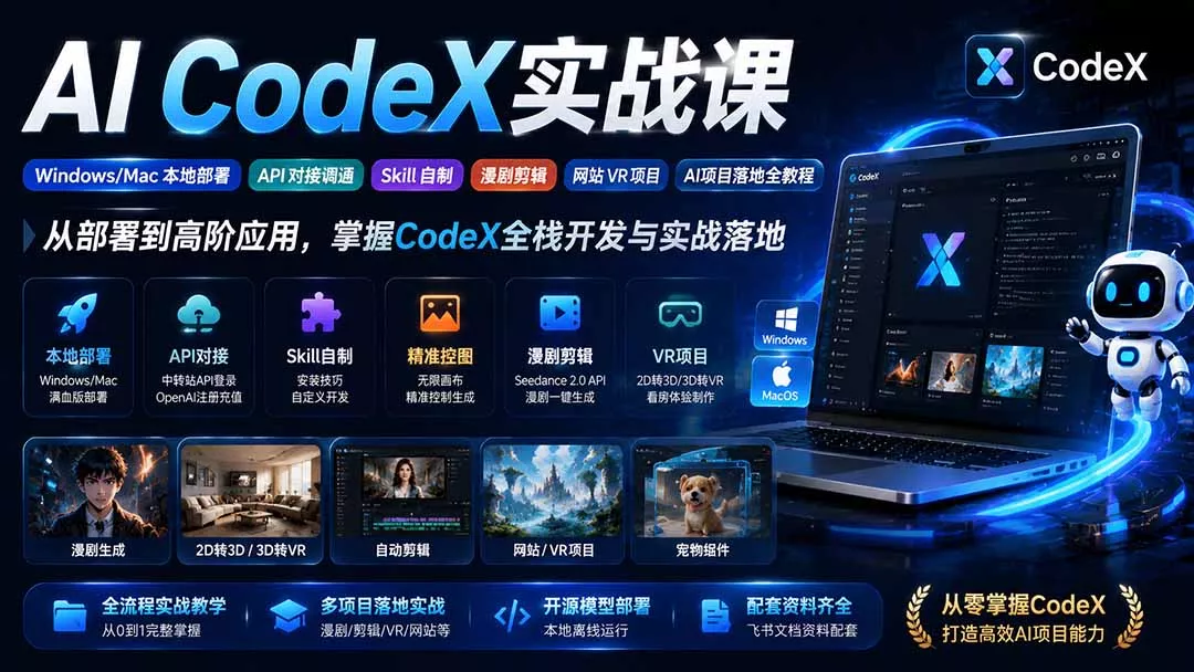 AI CodeX实战课｜Windows/Mac 本地部署｜API 对接调通｜Skill 自制｜漫剧剪辑｜网站 VR 项目｜AI项目落地全教程-33资源网