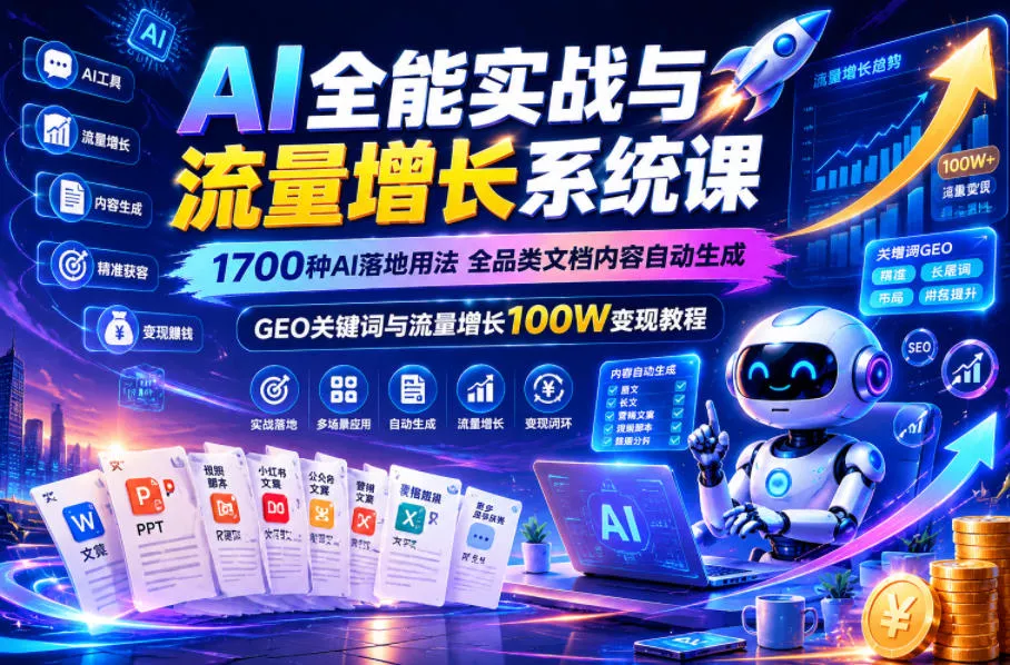 AI全能实战与流量增长系统课,1700种AI落地用法,全品类文档内容自动生成,GEO关键词与流量增长100W变现教程-33资源网