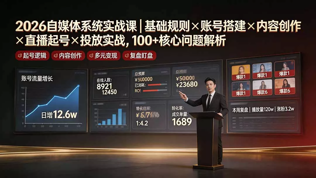 2026自媒体系统实战课|基础规则×账号搭建×内容创作×直播起号×投放实战,100+核心问题解析-33资源网