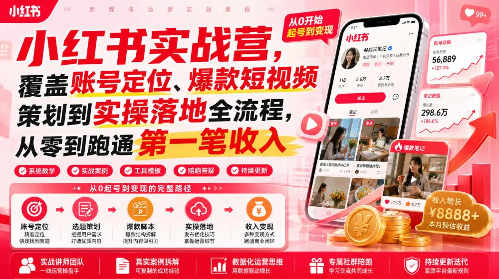 小红书实战营,覆盖账号定位、爆款短视频策划到实操落地全流程,从零到跑通第一笔收入-33资源网