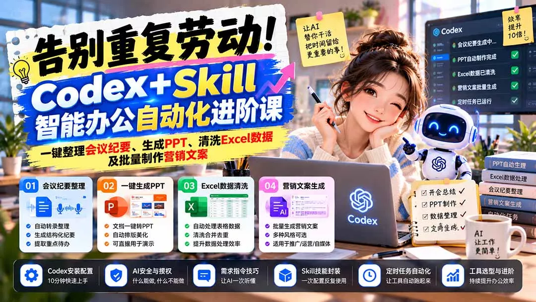 告别重复劳动！Codex+Skill智能办公自动化进阶课：一键整理会议纪要、生成PPT、清洗Excel数据及批量制作营销文案-33资源网