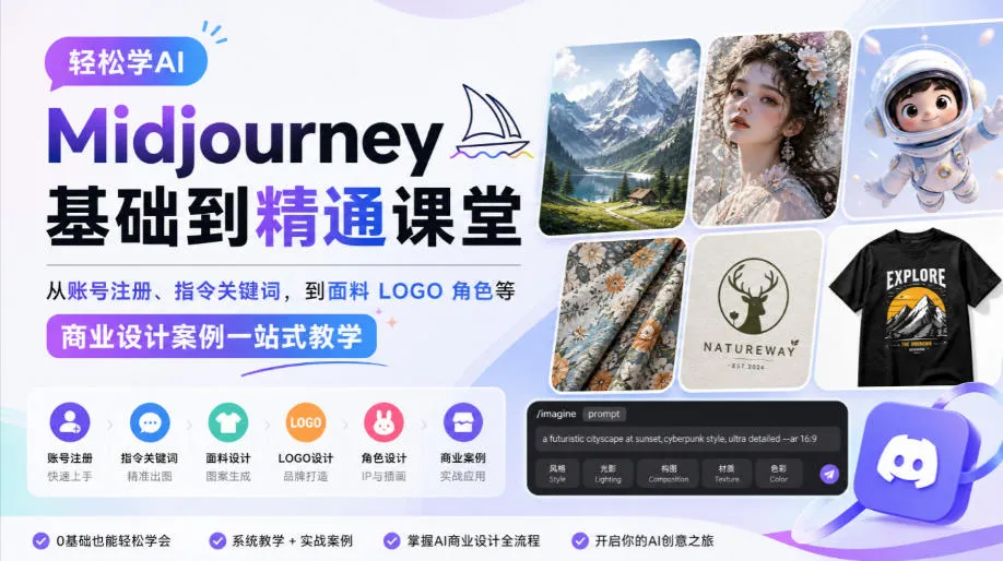 轻松学AI Midjourney基础到精通课堂,从账号注册、指令关键词,到面料LOGO角色等商业设计案例一站式教学 轻松学AI Midjourney基础到精通课堂,从账号注册、指令关键词,到面料LOGO角色等商业设计案例一站式教学