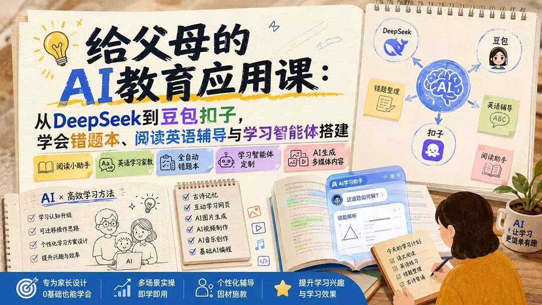 给父母的AI教育应用课：从DeepSeek到豆包扣子，学会错题本、阅读英语辅导与学习智能体搭建-33资源网