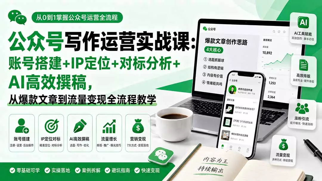 公众号写作运营实战课：账号搭建+IP定位+对标分析+AI高效撰稿，从爆款文章到流量变现全流程教学-33资源网