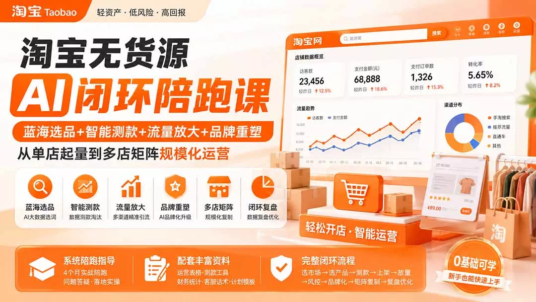 淘宝无货源AI闭环陪跑课：蓝海选品+智能测款+流量放大+品牌重塑，从单店起量到多店矩阵规模化运营-33资源网