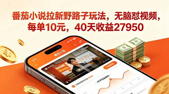番茄小说拉新野路子玩法,无脑怼视频,每单10元,40天收益27950-33资源网