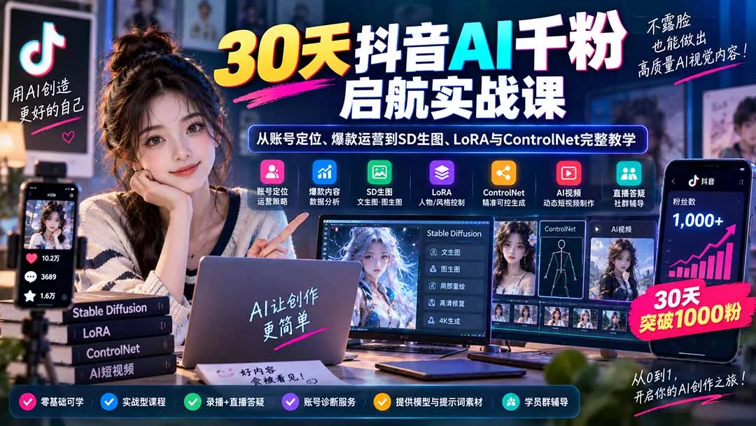 30天抖音AI千粉启航实战课：从账号定位、爆款运营到SD生图、LoRA与ControlNet完整教学-33资源网