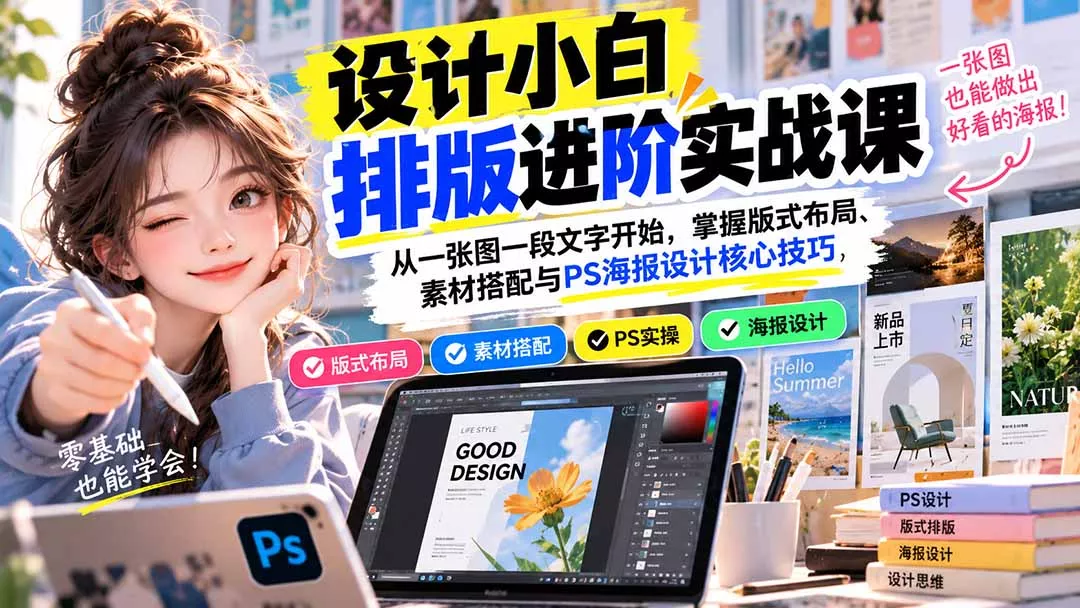 设计小白排版进阶实战课：从一张图一段文字开始，掌握版式布局、素材搭配与PS海报设计核心技巧-33资源网