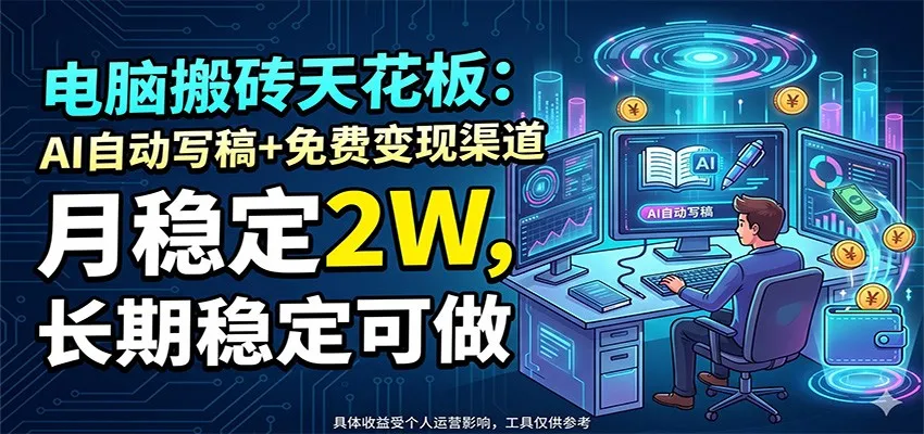 电脑搬砖天花板：AI自动写稿+免费变现渠道，月稳定2W，长期稳定可做-33资源网