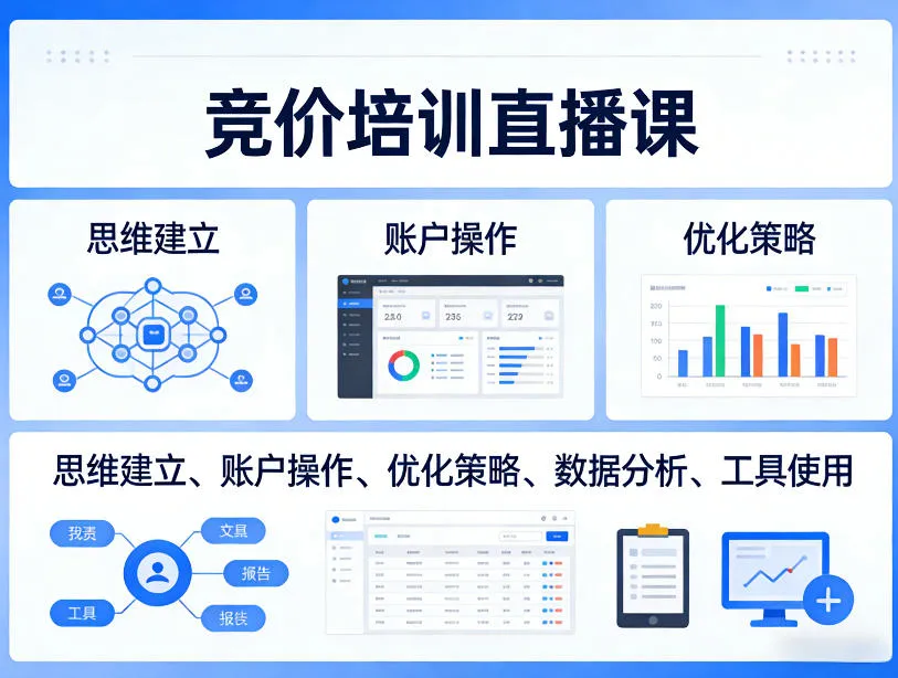 竞价培训直播课，覆盖思维建立、账户操作、优化策略、数据分析、工具使用等，全方位提升效果-33资源网