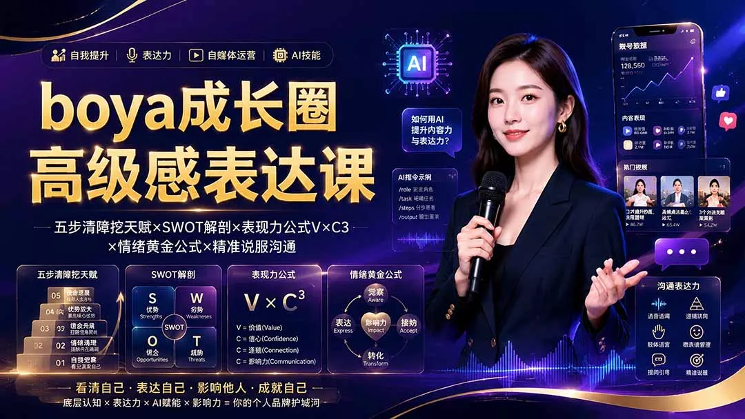 boya成长圈|内心成长高级表达AI自媒体三合一,消解内耗挖掘天赋,镜头沟通AI指令短视频全流程教学-33资源网