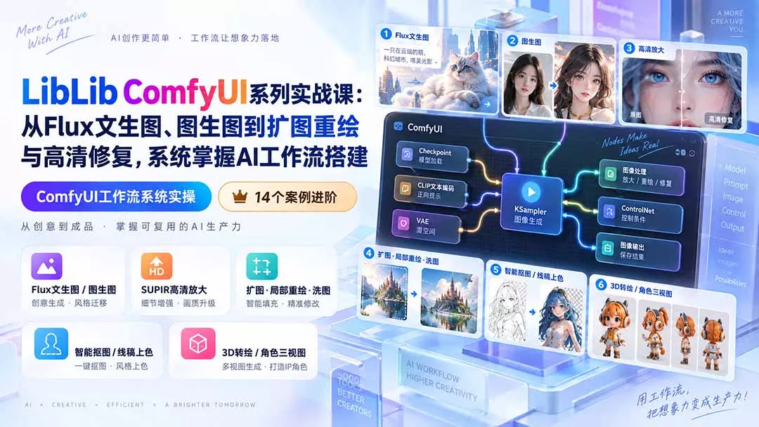 LibLib ComfyUI系列实战课：从Flux文生图、图生图到扩图重绘与高清修复，系统掌握AI工作流搭建-33资源网
