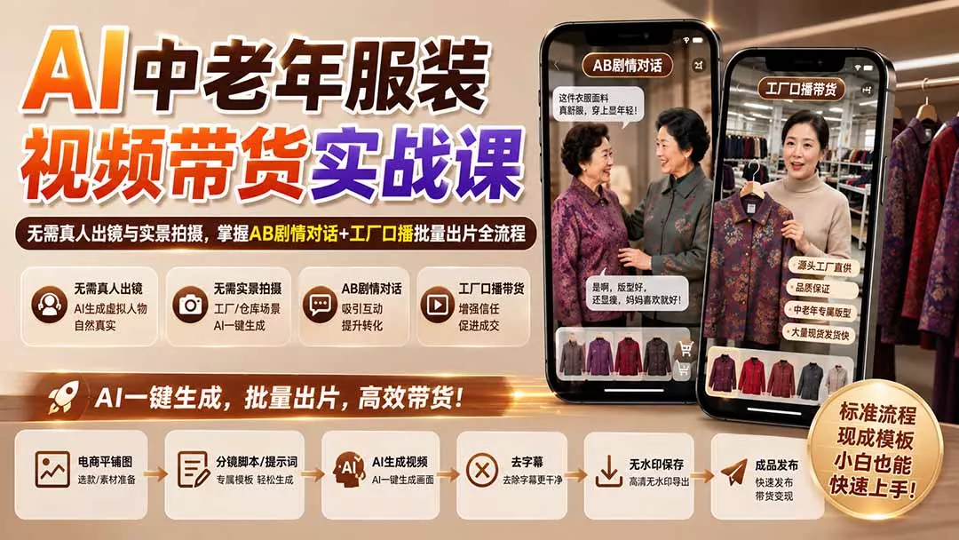 AI中老年服装视频带货实战课：无需真人出镜与实景拍摄，掌握AB剧情对话+工厂口播批量出片全流程-33资源网