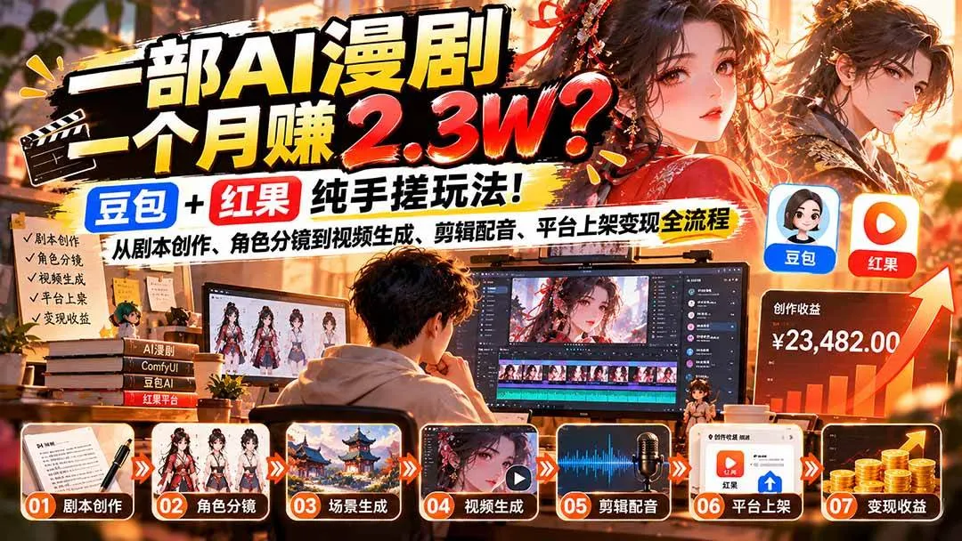 (21089期)一部AI漫剧一个月赚2.3W?豆包+红果纯手搓玩法!从剧本创作、角色分镜到视频生成、剪辑配音、平台上架变现全流程-33资源网