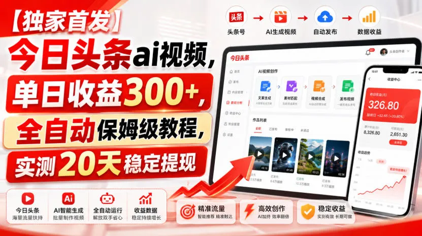 【独家首发】今日头条ai视频，单日收益300+，全自动保姆级教程，实测20天稳定提现【揭秘】-33资源网