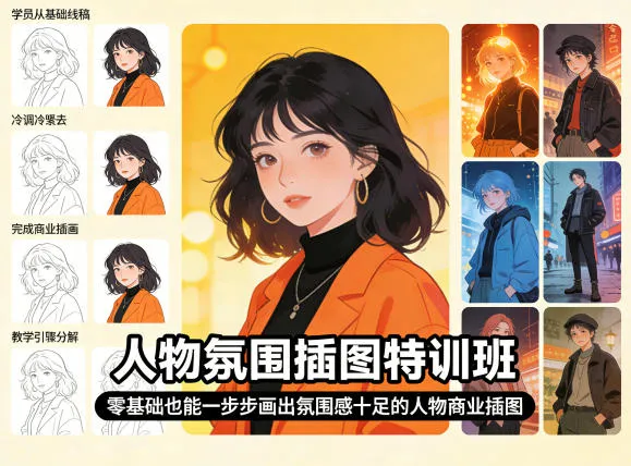 人物氛围插图特训班，零基础也能一步步画出氛围感十足的人物商业插图-33资源网