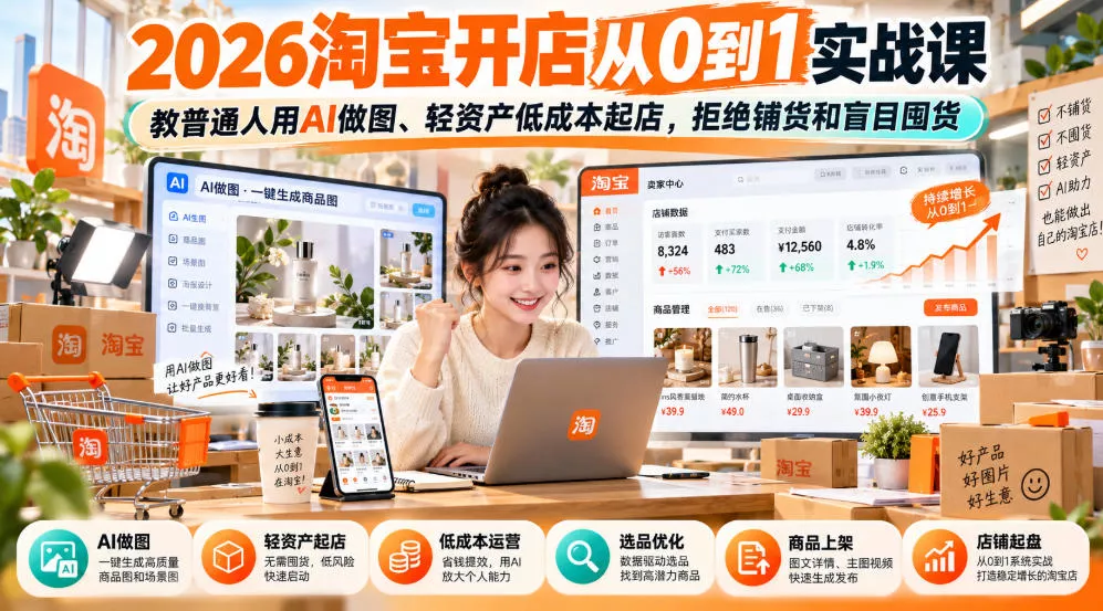 2026淘宝开店从0到1实战课,教普通人用AI做图、轻资产低成本起店,拒绝铺货和盲目囤货-33资源网