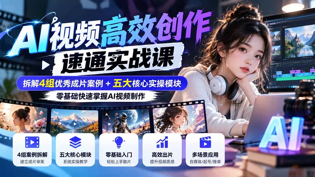 【无水印】AI视频高效创作速通实战课:拆解4组优秀成片案例+五大核心实操模块,零基础快速掌握AI视频制作-33资源网