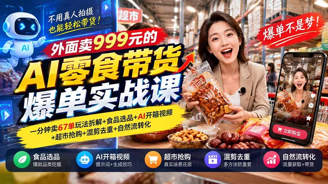 外面卖999元的AI零食带货爆单实战课｜一分钟卖67单玩法拆解+食品选品+AI开箱视频+超市抢购+混剪去重+自然流转化