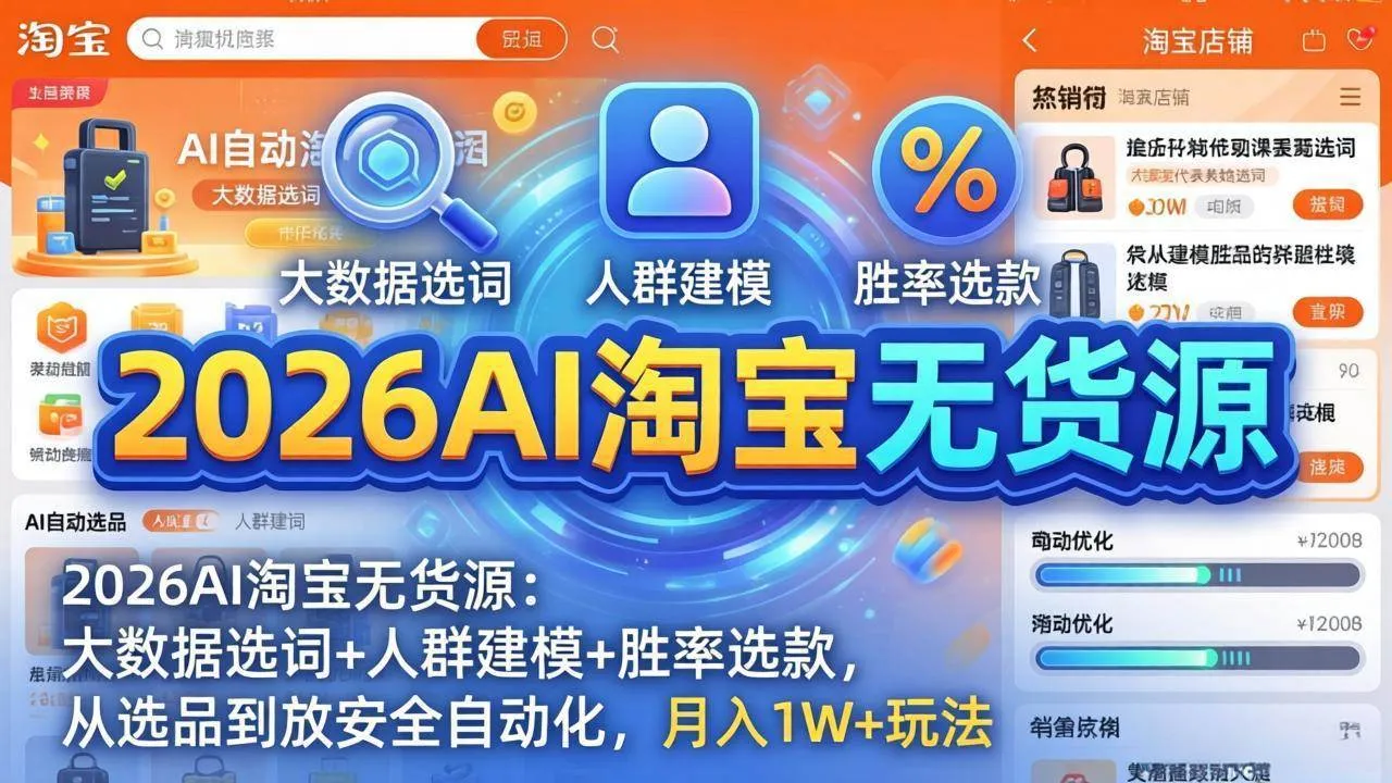 （18046期）2026AI淘宝无货源-4月更新：大数据选词+人群建模+胜率选款，从选品到放大全自动化，月入1W+玩法-33资源网