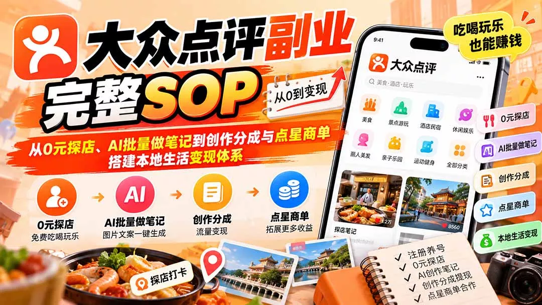 【无水印】大众点评副业完整SOP:从0元探店、AI批量做笔记到创作分成与点星商单,搭建本地生活变现体系-33资源网