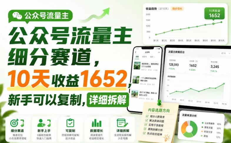 公众号流量主细分赛道，10天收益1652，新手可以复制，详细拆解-33资源网