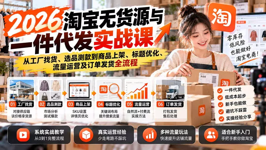 2026淘宝无货源与一件代发实战课:从工厂找货、选品测款到商品上架、标题优化、流量运营及订单发货全流程-33资源网