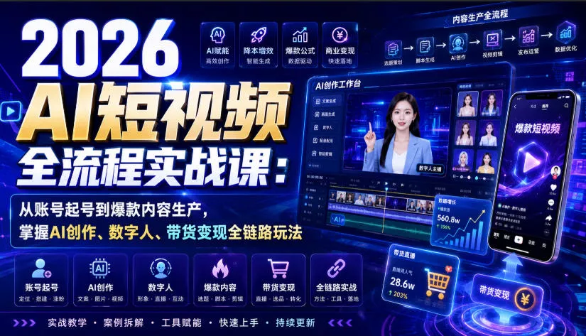 2026 AI短视频全流程实战课:从账号起号到爆款内容生产,掌握AI创作、数字人、带货变现全链路玩法-33资源网
