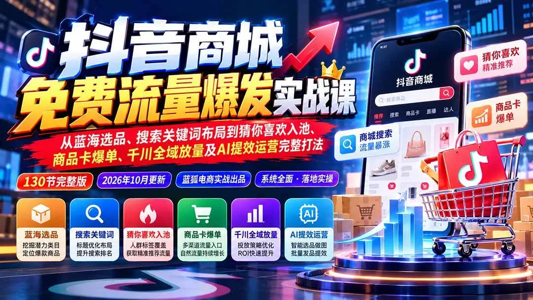 （20959期）抖音商城免费流量爆发实战：从蓝海选品、搜索关键词布局到猜你喜欢入池、商品卡爆单、千川全域放量及AI提效完整打法-33资源网