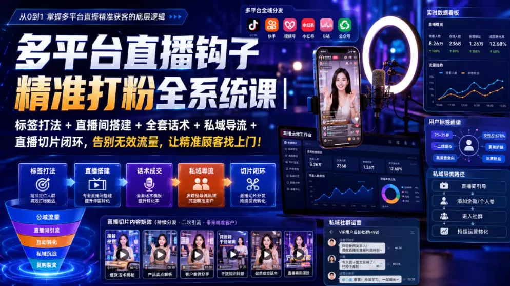 多平台直播钩子精准打粉全系统课｜标签打法+直播间搭建+全套话术+私域导流+直播切片闭环，告别无效流量，让精准顾客找上门！-33资源网