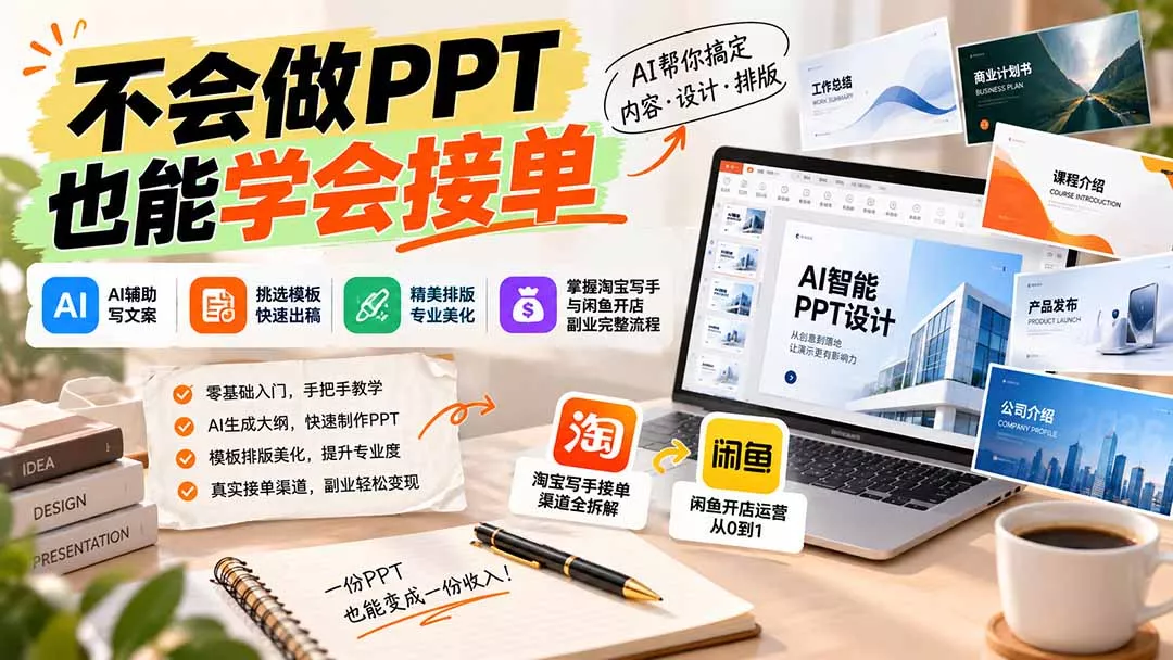 不会做PPT也能学会接单:AI辅助写文案、挑模板、做排版,掌握淘宝写手与闲鱼开店副业完整流程-33资源网