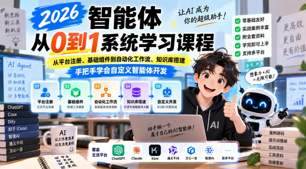 2026智能体从0到1系统学习课程,从平台注册、基础组件到自动化工作流、知识库搭建,手把手学会自定义智能体开发-33资源网