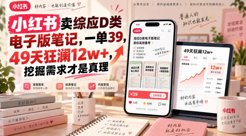 小红书卖综应D类电子版笔记,一单39,49天狂澜12w+,挖掘需求才是真理-33资源网