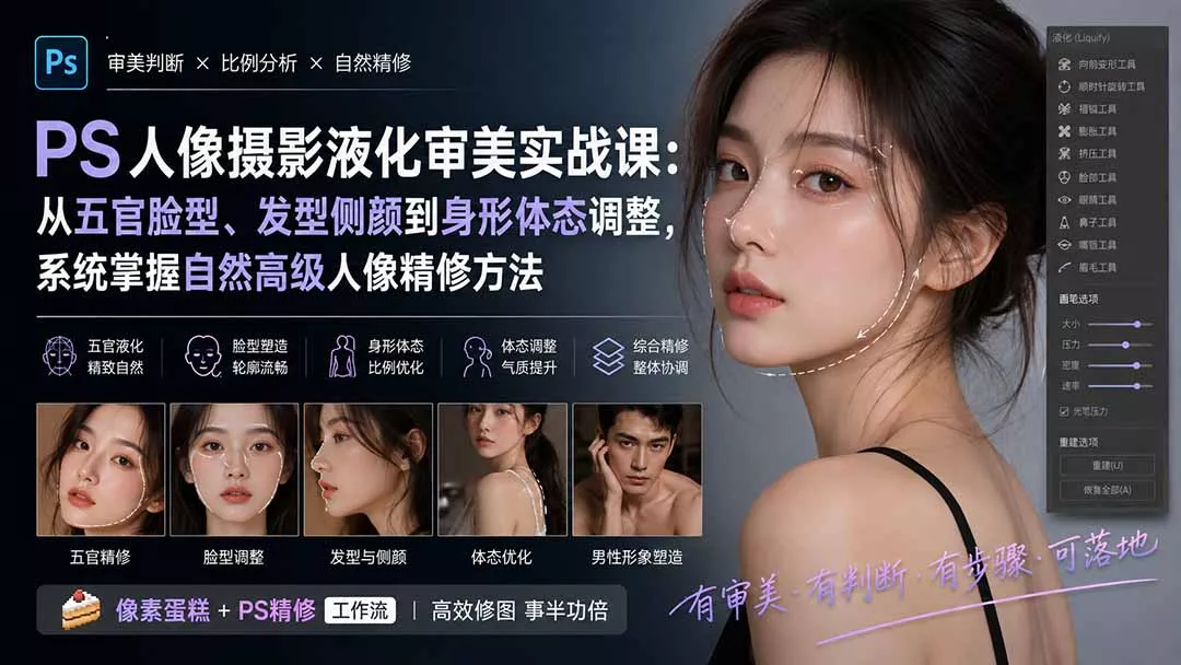 PS人像摄影液化审美实战课：从五官脸型、发型侧颜到身形体态调整，系统掌握自然高级人像精修方法-33资源网