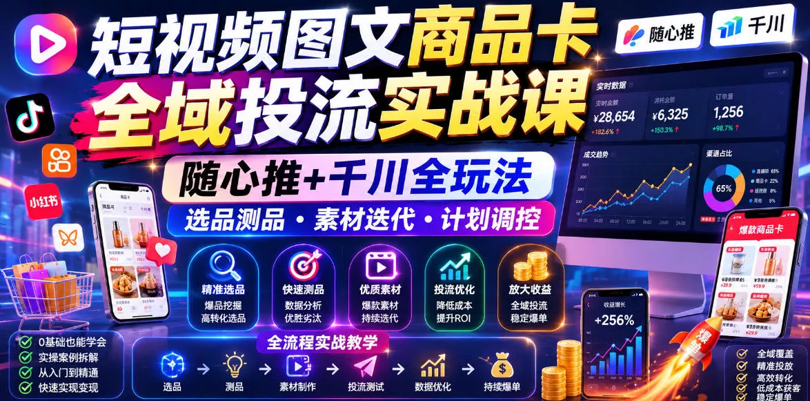 短视频图文商品卡全域投流实战课,随心推+千川全玩法,选品测品・素材迭代・计划调控,提升ROI爆单增收教程-33资源网