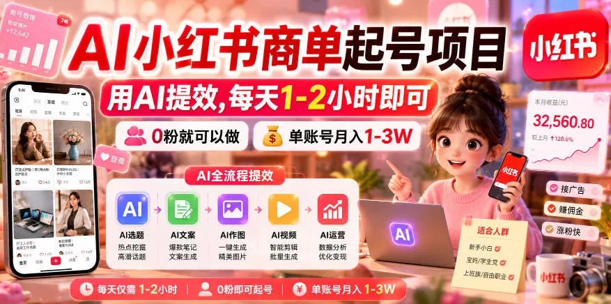 AI小红书商单起号项目，用AI提效,每天1-2小时即可，0粉就可以做，单账号月入1-3W-33资源网