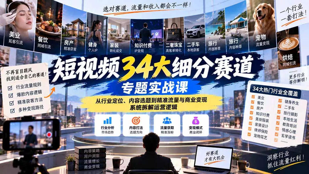 短视频34大细分赛道专题实战课：从行业定位、内容选题到精准流量与商业变现，系统拆解运营逻辑-33资源网